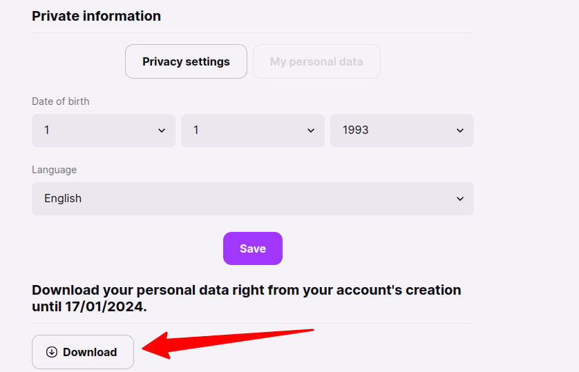 The Deezer Private information page, showing a My personal data button and a Download button with a red arrow pointing to it