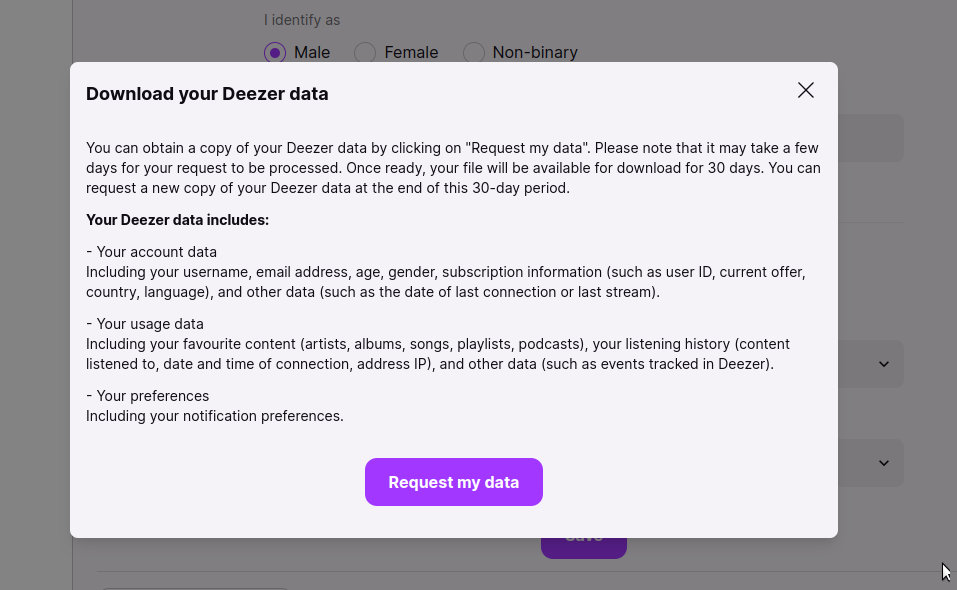 The Deezer "Download your Deezer data" pop-up, listing account data, usage data and preferences, with a "Request my data" button