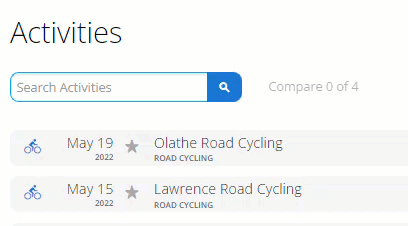 The Garmin Connect Activities list, showing a Search Activities box above two cycling activities dated May 2022
