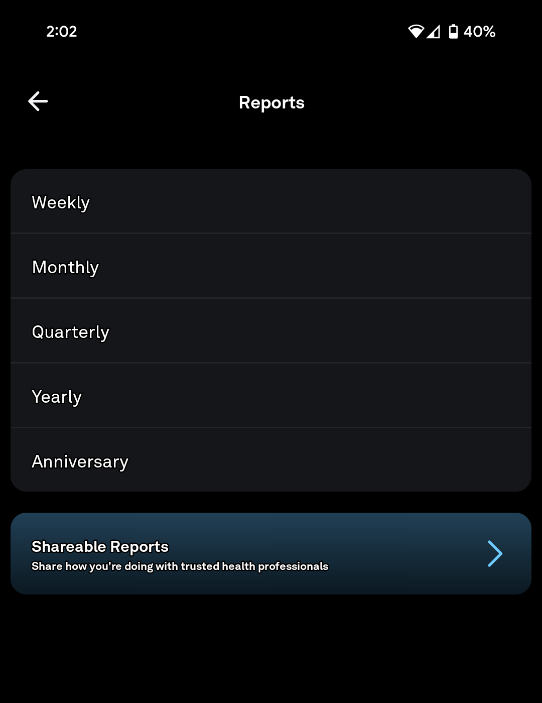 The Oura app Reports screen, listing Weekly, Monthly, Quarterly, Yearly and Anniversary reports, with a Shareable Reports option