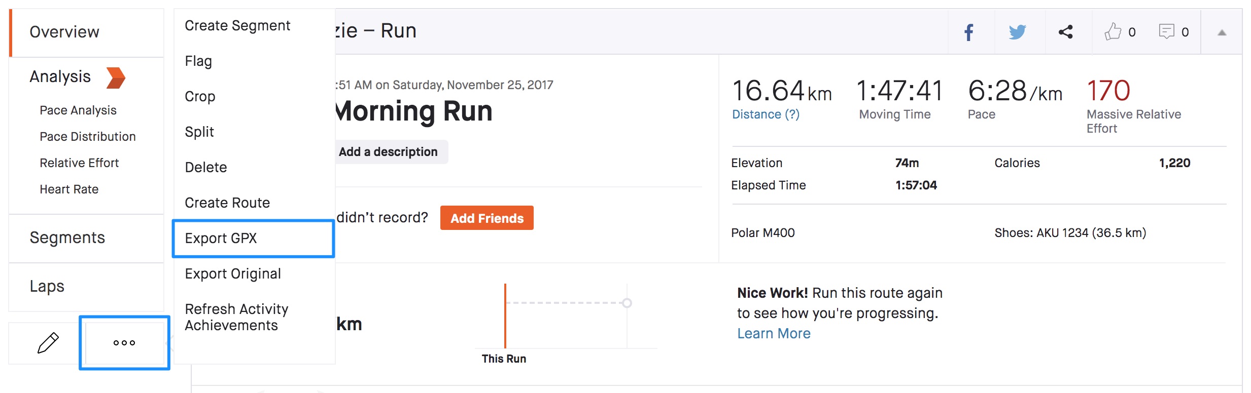A Strava activity page with the three-dot menu open and "Export GPX" highlighted in a blue box