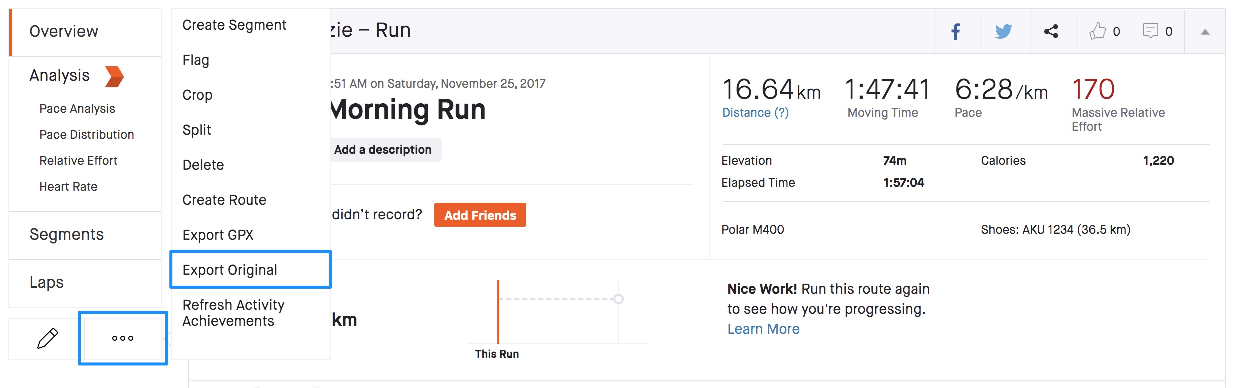 The same Strava activity page with the three-dot menu open and "Export Original" highlighted in a blue box